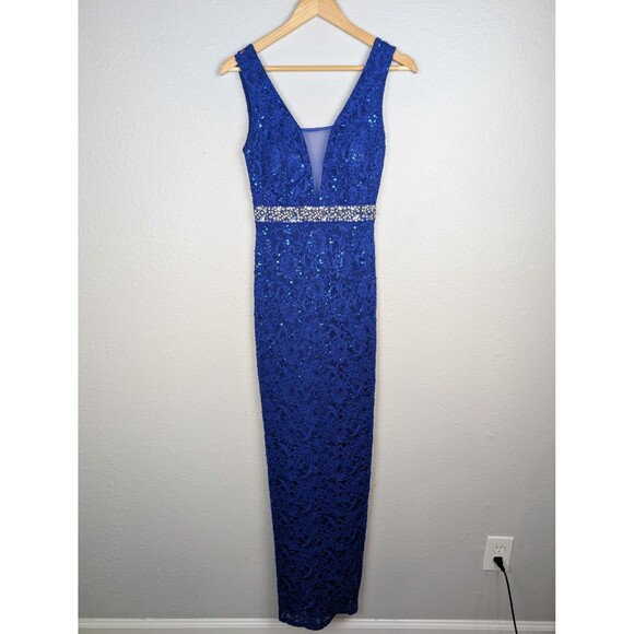 La Scala Dress Womens Small Blue Sequin Lace Gown Sleeveless V Neck Maxi Formal - Picture 1 of 8